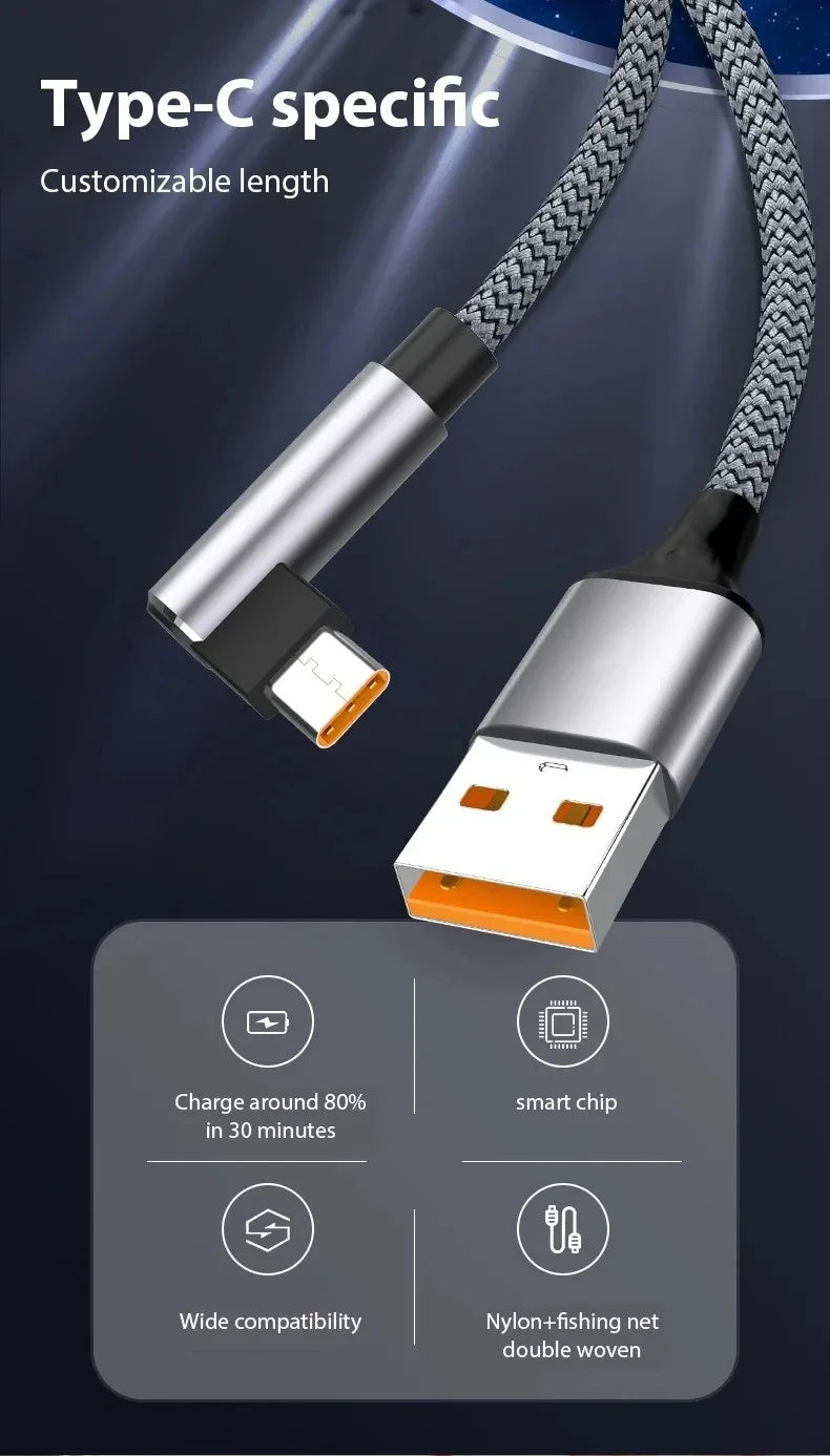 6A Right Angle USB-C Fast Charging Cable – 3–8M