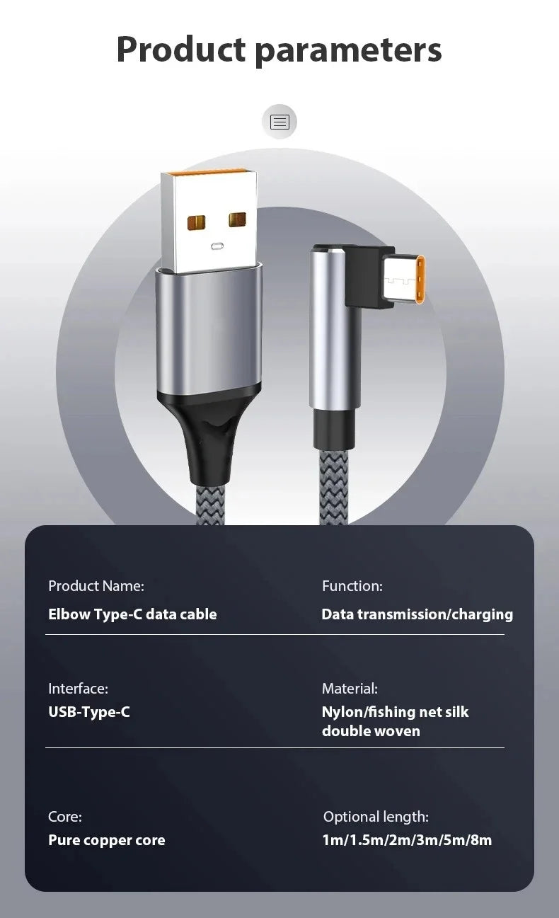 6A Right Angle USB-C Fast Charging Cable – 3–8M